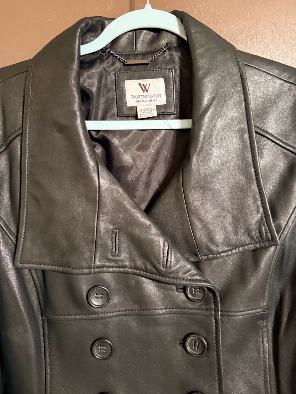 Vintage Worthington Genuine Lambskin Black Leather Peacoat Jacket XL Double Brea